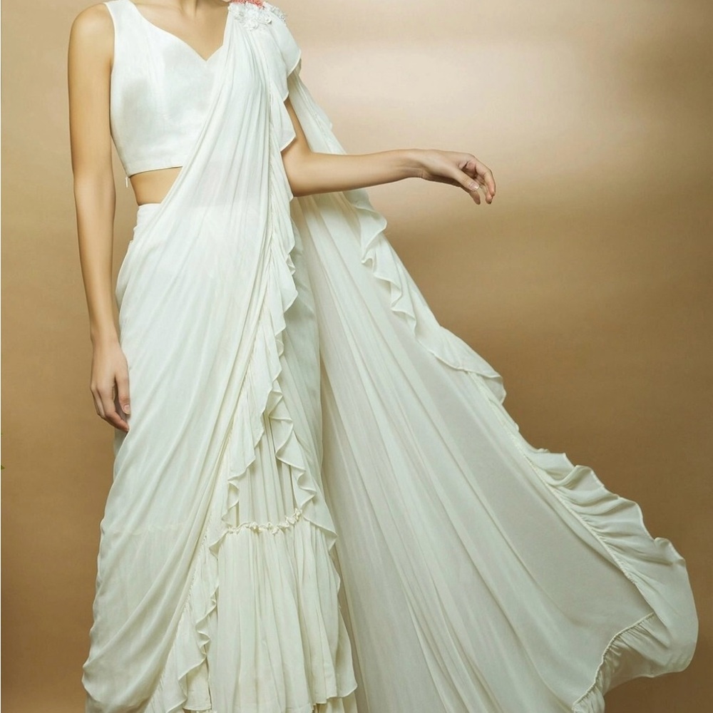 Off White Georgette Pre-draped Ruffle Saree